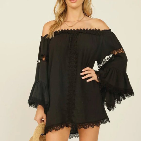 SURF GYPSY | BLACK GAUZE CROTCHET KIMONO DRESS MINI | OFF SHOULDER | M - Picture 1 of 6